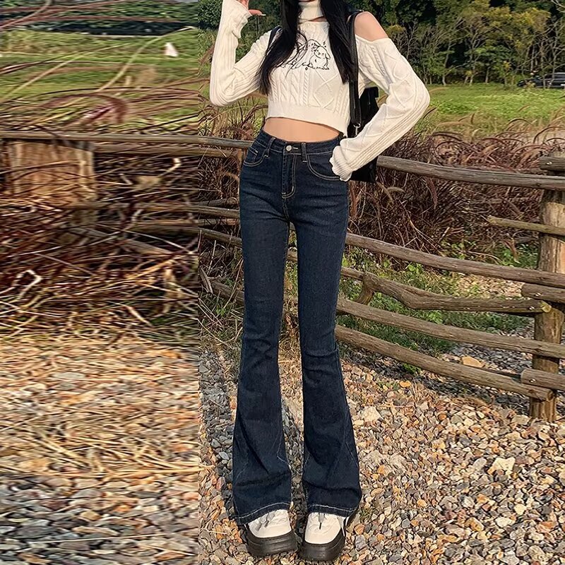 Blue Grey Micro-flared Stretch High-waisted Jeans American-style Slim-fit All-match Horseshoe Pants Slim-fit Long Pants Ins Blue Grey Micro-flared Stretch High-waisted Jeans American-style Slim-fit All-match Horseshoe Pants Slim-fit Long Pants Ins