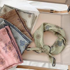Japanese-style children's small floral cotton-linen square scarf for girls, literary forest baby hair tie, silk scarf for photography decoration, spring and autumn scarf