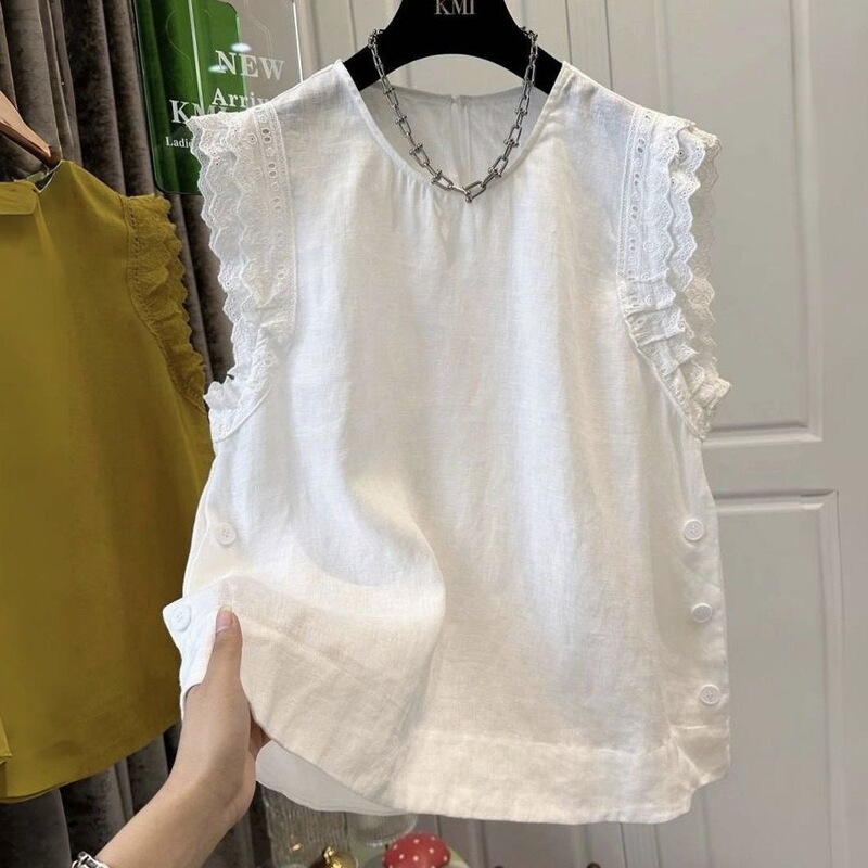 2026 Summer New Chinese Style Linen Top with Round Neck, Lace Trim, and Comfortable Flutter Sleeves for Women 2026 Summer New Chinese Style Linen Top with Round Neck, Lace Trim, and Comfortable Flutter Sleeves for Women
