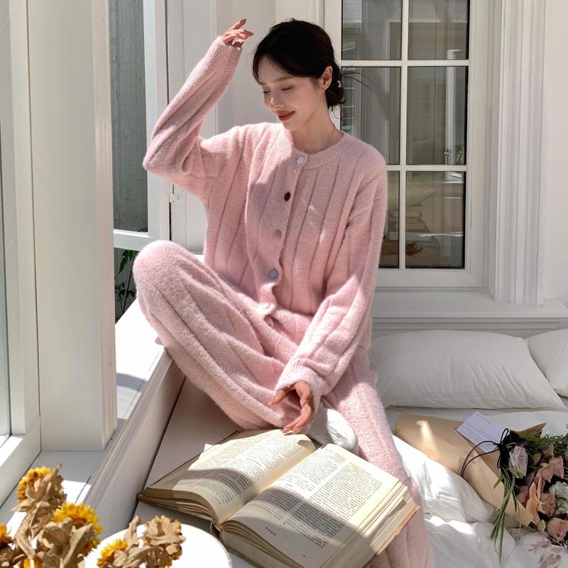 CaCa彩扣轻奢暖貂半边绒睡衣女士秋冬加绒保暖柔软慵懒家居服套装|undefined