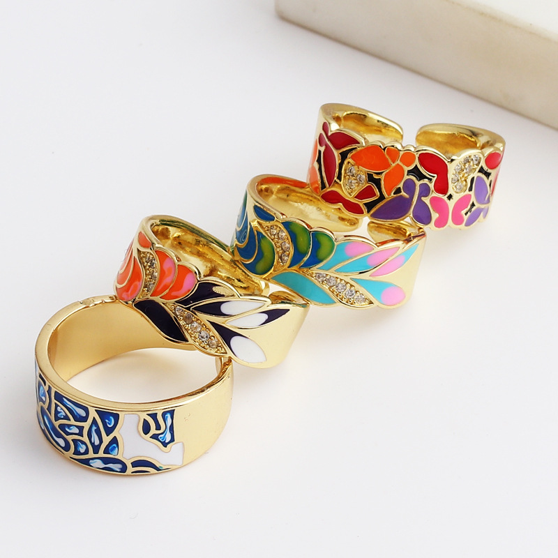 Women'S Gender Inlay Design Retro Color Block Copper Open Ring Inlay Zircon Copper Rings