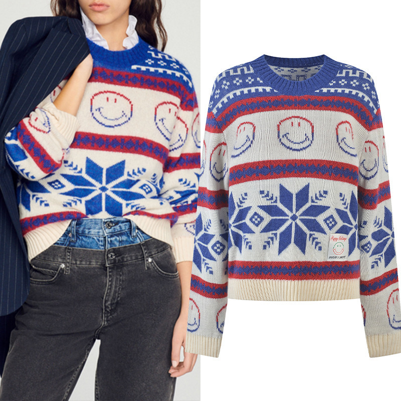 French-Style Elegant Commuter Women's Clothing 2023 Early Spring New Color-Blocked Striped Snowflake Element Smiley Face Knitted Sweater French-Style Elegant Commuter Women's Clothing 2023 Early Spring New Color-Blocked Striped Snowflake Element Smiley Face Knitted Sweater