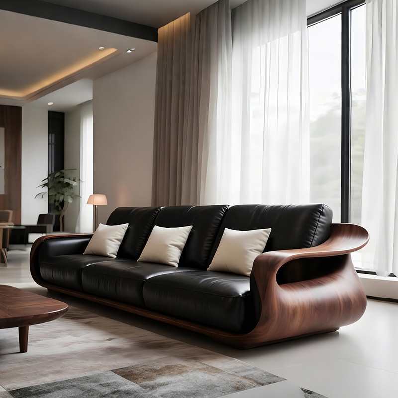 New Chinese Style Solid Wood Leather Sofa 2025 New Black Walnut Three Person Sofa Living Room Furniture