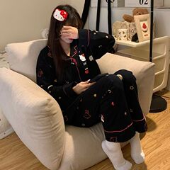 韩版时尚简约风Kitty猫睡衣女春秋季长袖长裤ins风套装学生家居服