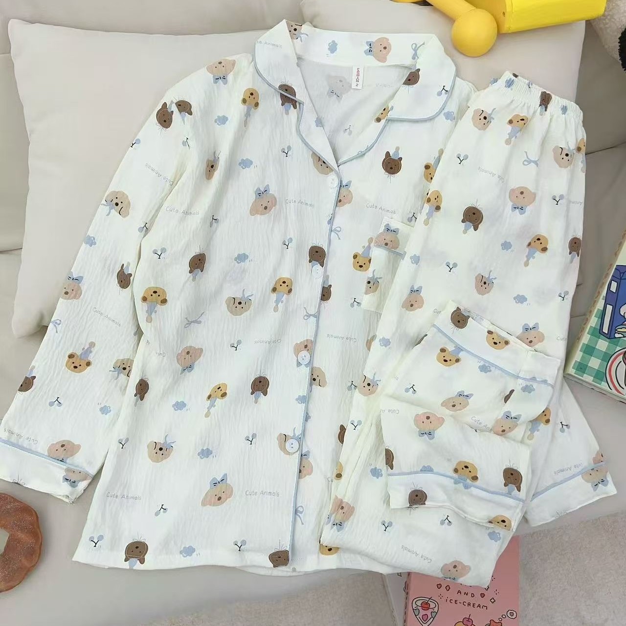 Vietnam transfronterizo al por mayor nube pijamas de algodón pantalones de manga larga para mujer primavera y otoño linda rebeca solapa dulce servicio a domicilio