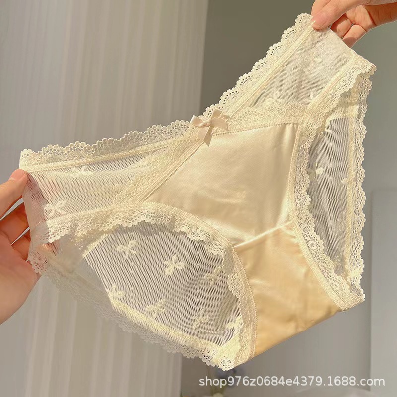 Moonlight Whispers ~ Pure Desire French Sexy Satin Lace Underwear Women's Low Waist Breathable Pure Cotton Profile Briefs for Women