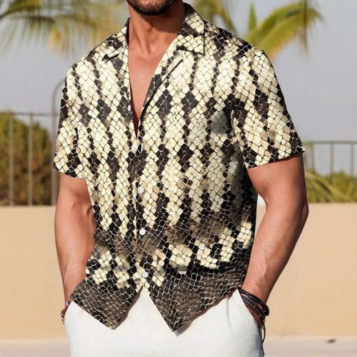 European and American trend fashion summer men's lightweight mature mass Cuba collar short-sleeve printed shirt breathable