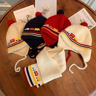 Cartoon Car Children's Hat Scarf Two-piece Winter Warm Wool Hat Ear Protection Hat for Boys and Girls