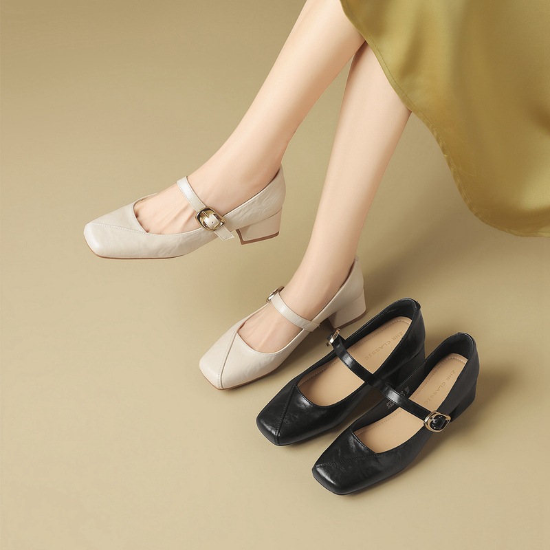 Giày đơn nữ mũi nhọn cổ điển phong cách Hepburn, gót vuông ổn định — JF390 màu đen
