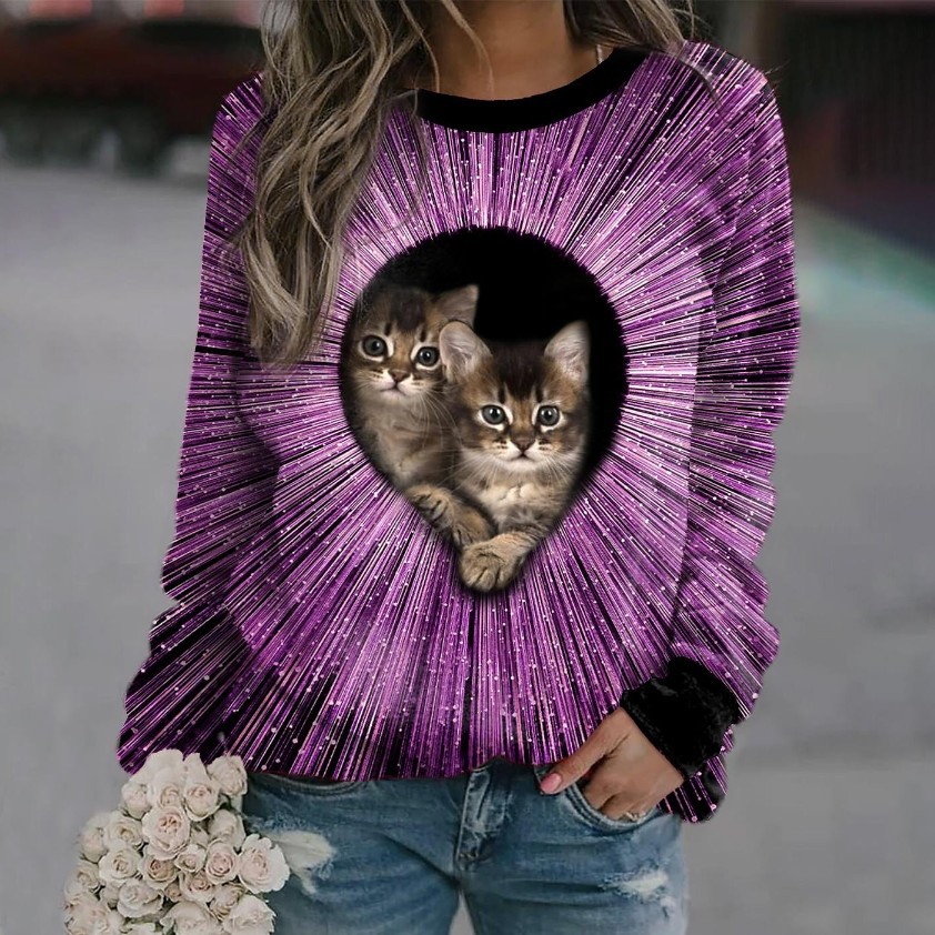 2023 primavera y otoño nuevo Amazon gato Delgado imprimir cuello redondo casual mujer europeo y americano suéter manga larga suéter