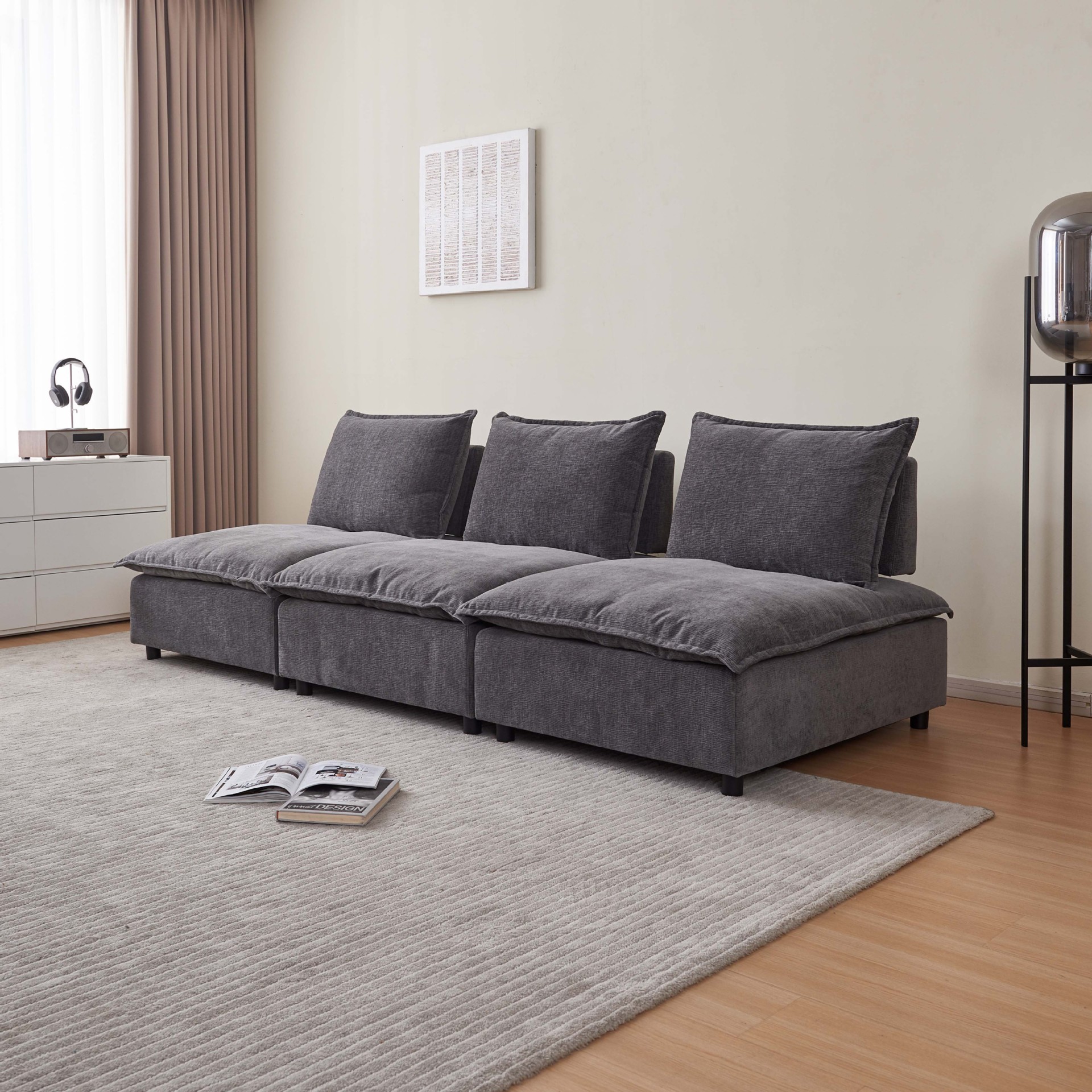 Sofá perezoso de lujo ligero, dormitorio doble, sin lavado, minimalista, negro, sin reposabrazos, nube, sofá individual, madera image 3