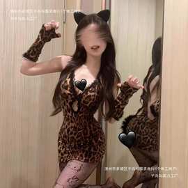 乖巧小野猫 豹纹蕾丝拼接性感镂空深V包臀裙露背火辣低胸睡裙套装