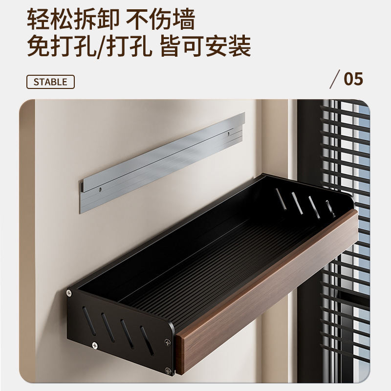 胡桃の木の台所の物置棚の中古風は穴を開けないで多層の実木の鍋の蓋の刀の箸のスプーンの調味料の壁掛けの収納棚を作ります。|undefined