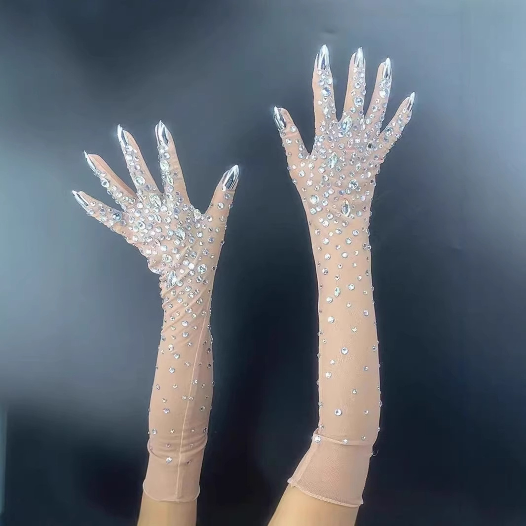 New Style Halter Neck Rhinestone Sexy Birthday Party Luxury Gloves Company Annual Meeting Evening Dress Rhinestone Mesh Gloves