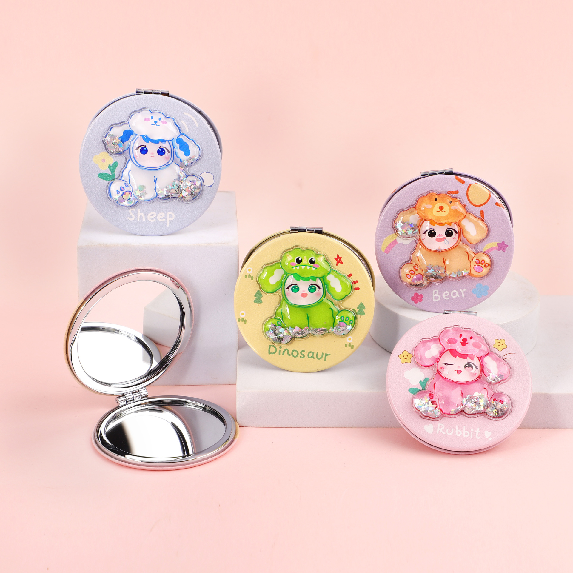 Espejo de Maquillaje Plegable de Bolsillo de Plástico ABS y Cristal Doble Cara Portátil con Arenas Movedizas