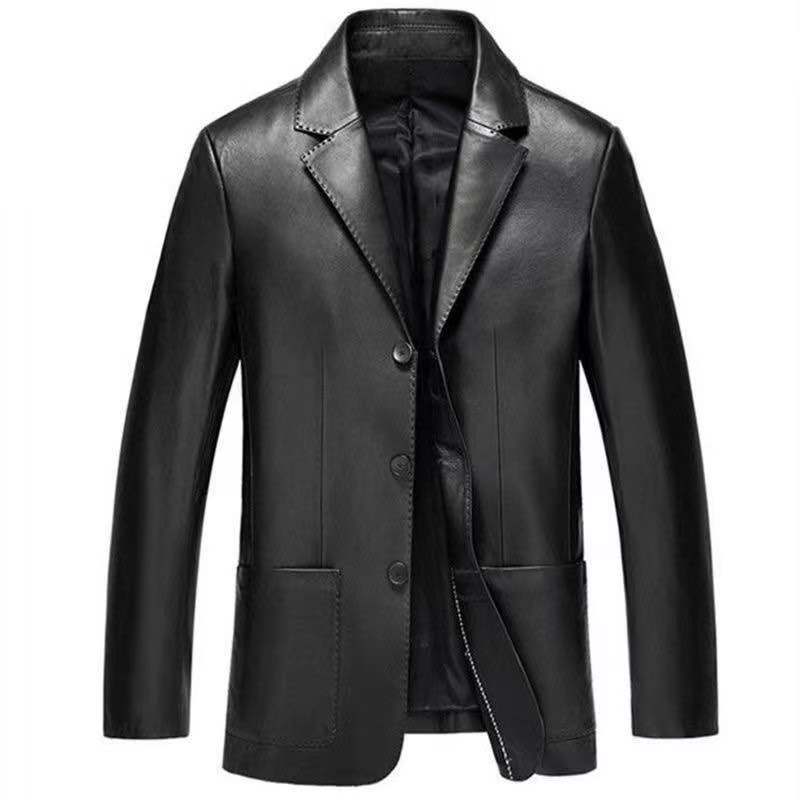 작은 세트 칼라 가죽 코트 (블랙) 얇은