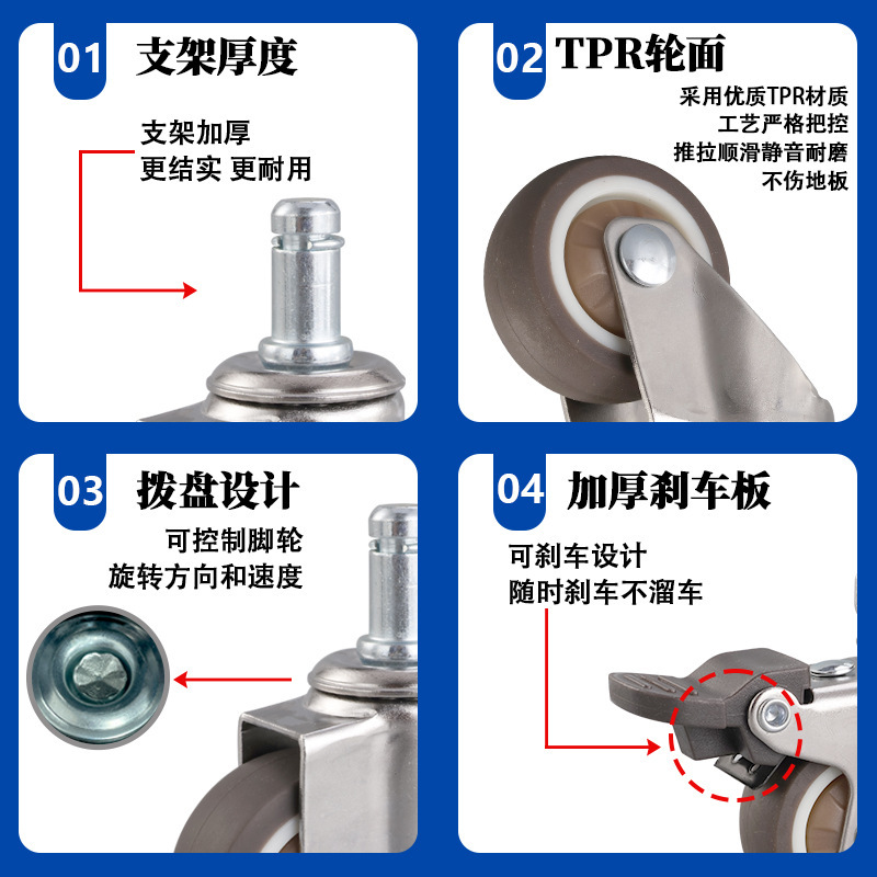 厂家现货插杆TPR静音脚轮1 2 3寸360°旋转顺滑家具办公椅万向轮|undefined