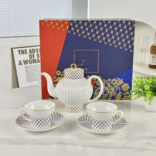 经典白钴蓝花环骨瓷高端精致咖啡杯碟下午茶茶具茶壶套装礼物批发