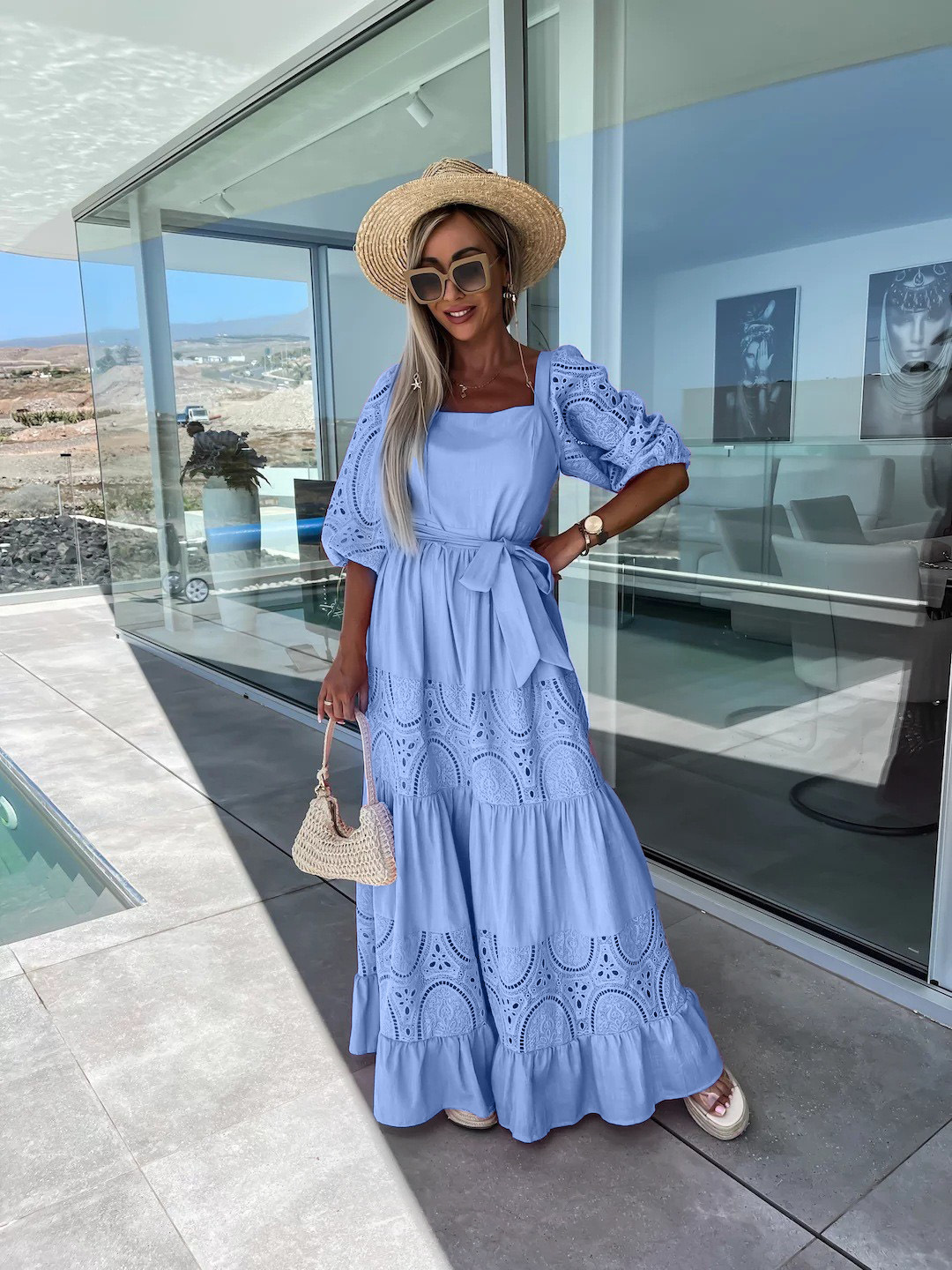 Women's Swing Dress Vacation Square Neck Hollow Out Half Sleeve Solid Color Maxi Long Dress Holiday display picture 2