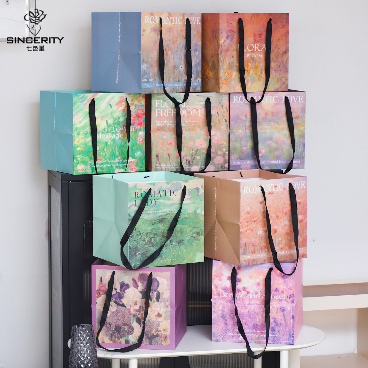 Nuevo estilo de pintura al óleo de siete colores cordier inglés bolsas de mano de flores rojas flores materiales de embalaje de flores portátiles