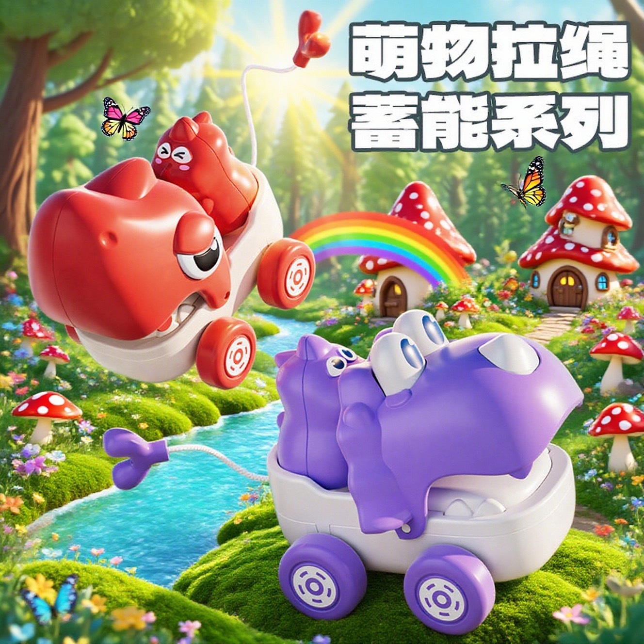 In-Stock Pull-String Q-Version Dinosaur Toy Car Cartoon Shark Triceratops Pull-String Car Children's Toy Kindergarten Gift