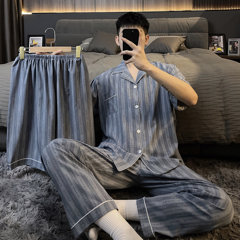 Pijamas de verano de alta calidad para hombres primavera y otoño tres piezas delgada seda de hielo de manga corta ropa para el hogar de seda juvenil