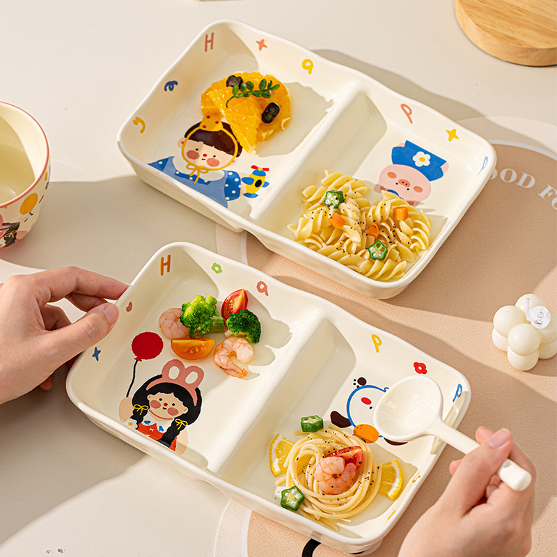 Cartoon Tableware Ceramic Children's Compartmentalized Fat-Reducing Dinner Plate Household Rice Bowl Breakfast Plate Wholesale Ceramic Dishes and Plates Set