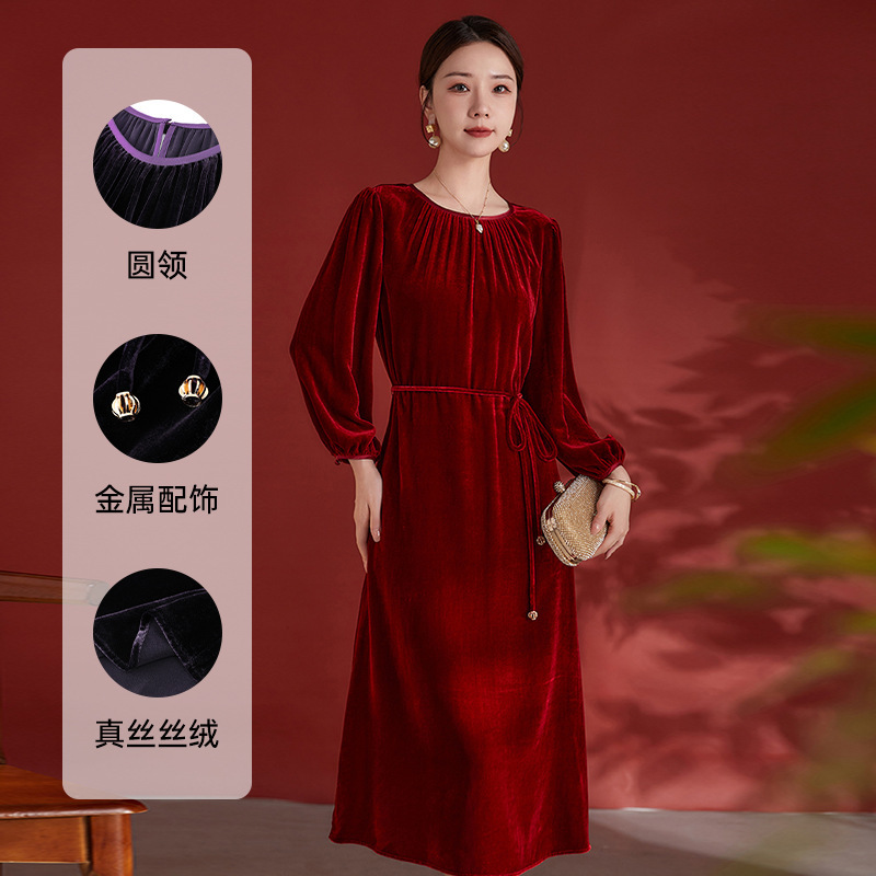 Ink Purple High-End Long-Sleeved Velvet Dress for Women 25 Autumn New Style Elegant Work Clothing Mid-Length Dress 7980