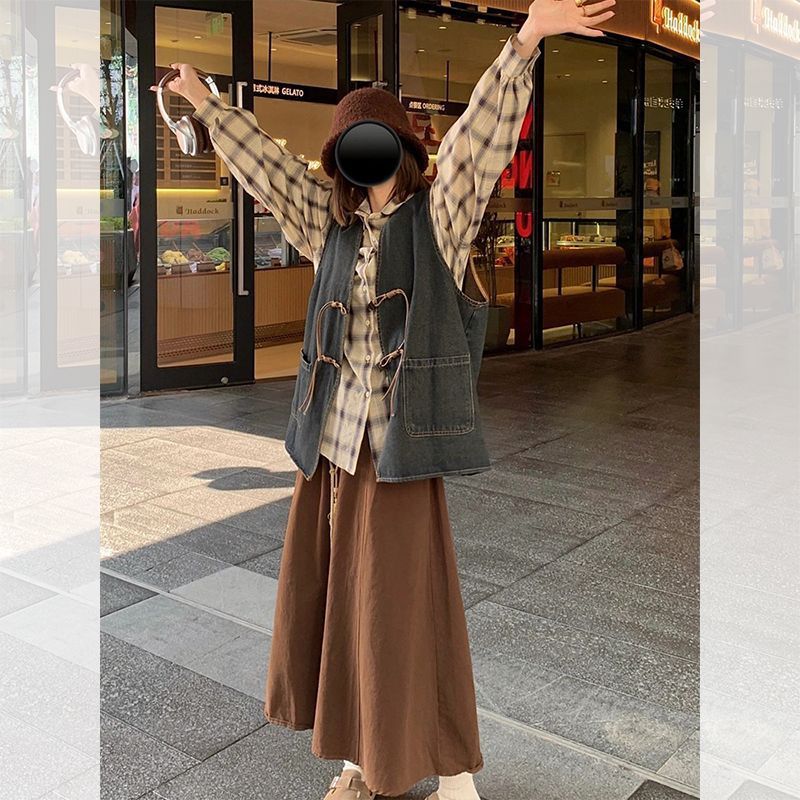 法式复古设计感小众牛仔坎肩女学生早秋款外穿衬衫新款三件套装|undefined