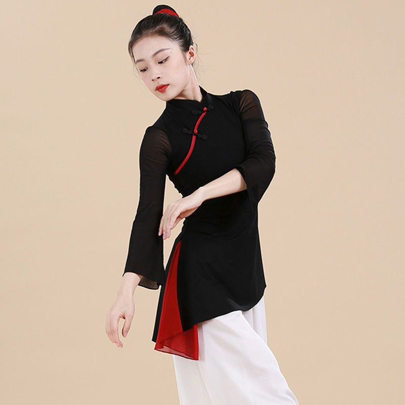 New Style Classical Dance Cheongsam Top for Women, Yoga Practice Clothing, Han and Tang Dynasty Style, Elastic Mesh Long-Sleeve Adult Square Dance Outfit