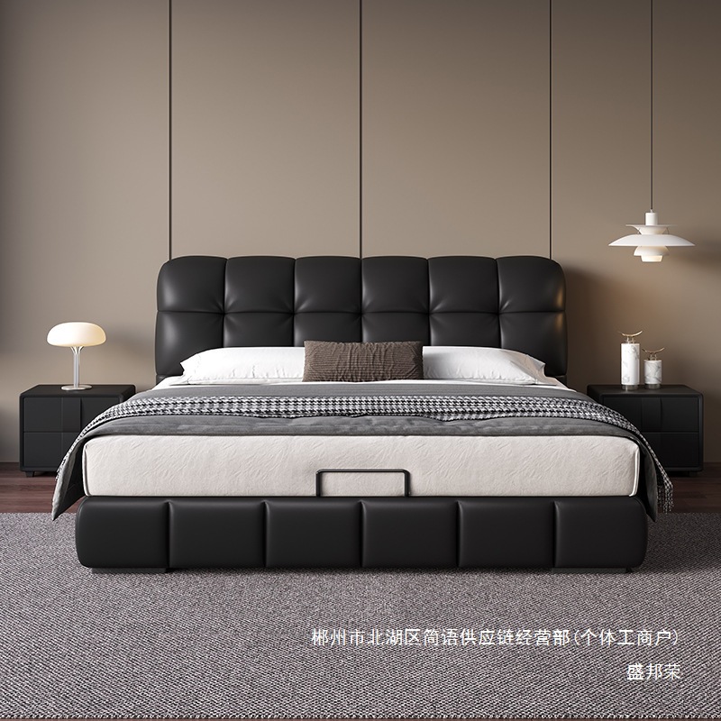 Fábrica directa italiana cama minimalista nueva cama puff negro 1.8m cama doble doble dormitorio principal caja alta moderna simple