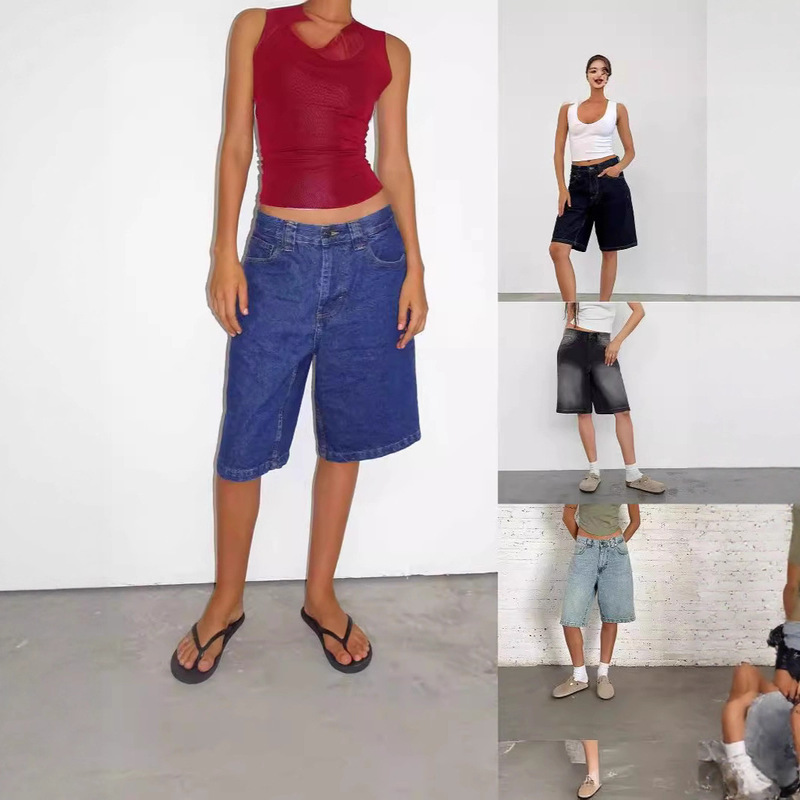 2025 Amazon Aliexpress European and American Foreign Trade Cross-Border Supply Loose Non-Elastic Retro Denim Cropped Pants for Women