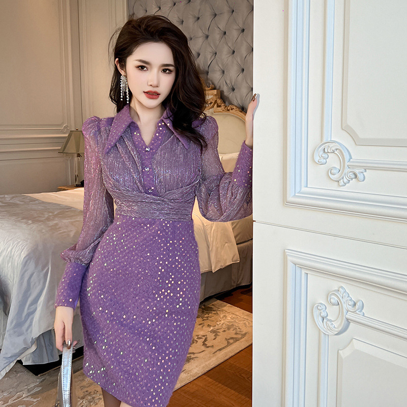 2026 Spring New Women's Clothing, Elegant and Stylish Design, Twist-Collar Polo Shirt, Sequined Dress 50710