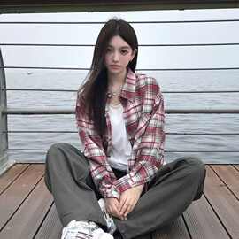 【专供东南亚】韩系格纹复古长袖衬衫女春秋防晒衬衣法式上衣外套