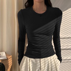 秋冬咖色圆领修身显瘦长袖T恤女百搭韩版辣妹穿搭打底上衣女潮