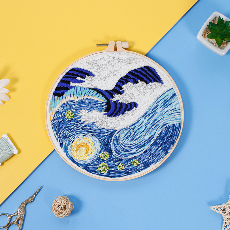 Van Gogh estrellado cielo DIY bordado hecho a mano paquete material costura traje estilo europeo paisaje estrellado cielo onda bordado tela impresión imagen