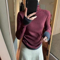 十三行新洋气撞色假两件高领羊毛混纺针织衫女毛衣秋冬内搭打底衫