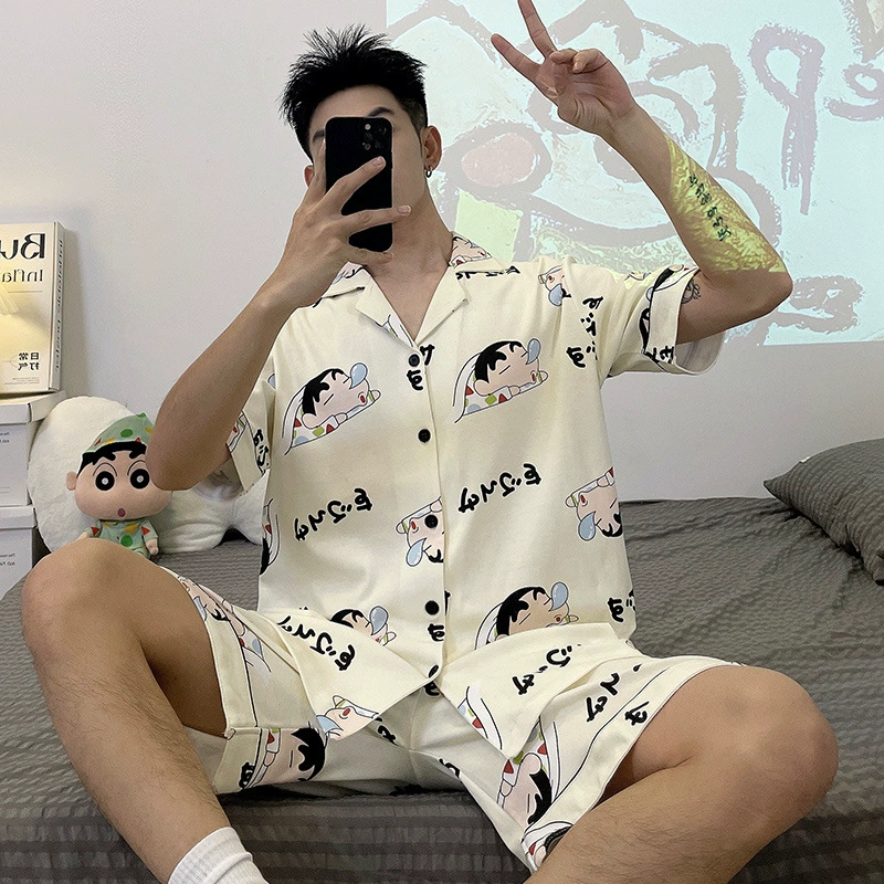 Мужские летние пижамы с коротким рукавом и шортами, мультяшные, для подростков, повседневные, тонкие, домашняя одежда, студенческий костюм