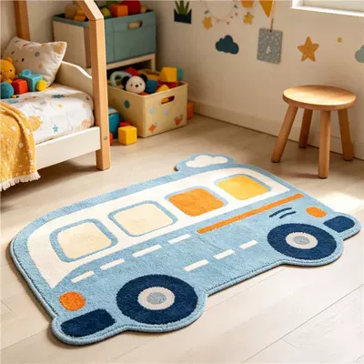 Cartoon-shaped bus imitation cashmere thickened floor mat for study reading area, cooling decorative floor mat, shower room floor mat (Avtomobil döşəmə paspasları) - jt-sea-salt-blue-velvet-bus-4060cmthickened-imitation-cashmere