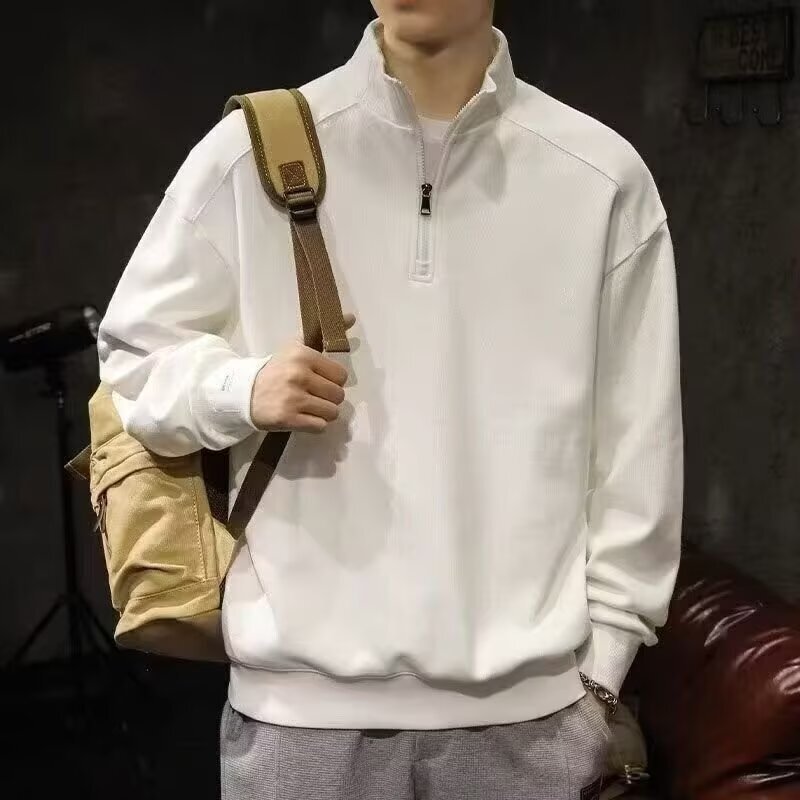 Shanshao Clothing Light Business Men's Solid Color Polo Shirt with Stand Collar and Half Zipper, Foreign Trade Long-Sleeve Casual Sweatshirt