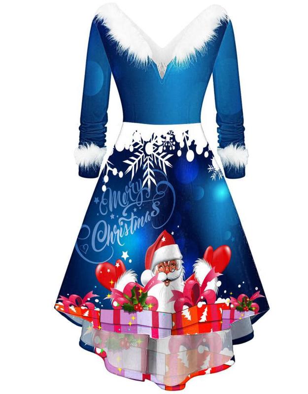 レディースクリスマス人造ぬいぐるみ長袖vネック不規則ドレスワンピース|undefined