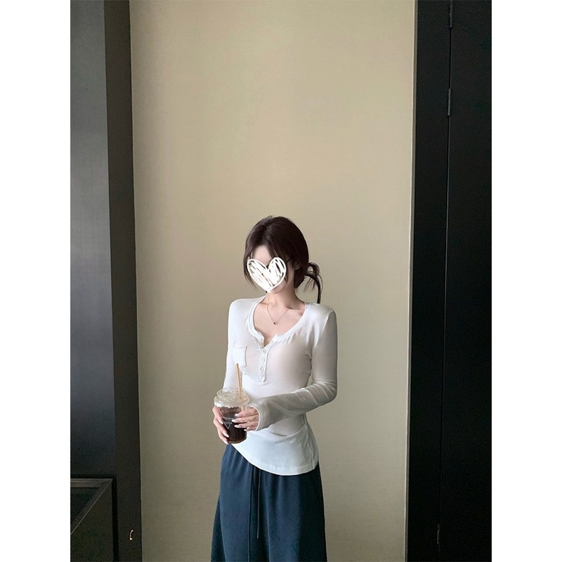 韩系百搭亨利领单排扣设计修身显瘦针织长袖女早秋新款休闲上衣|undefined