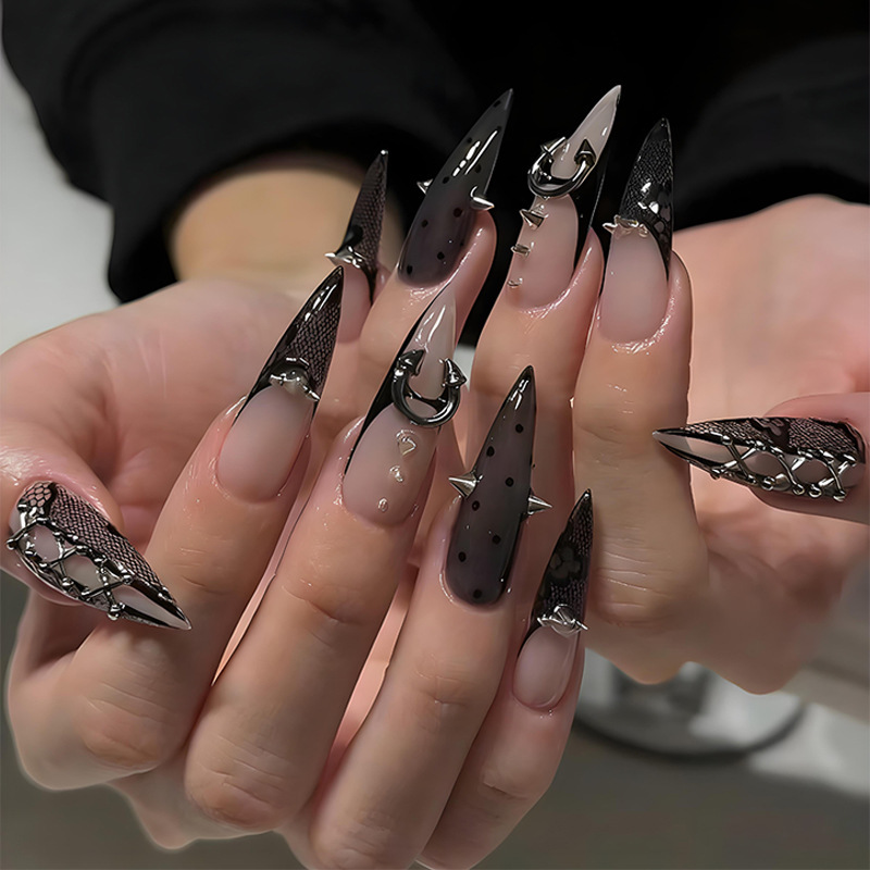 Cross-Border Foreign Trade Best-Selling Long Pointed Dark Lace Studded Wearable Nails Finished Nail Art Removable Fake Nails Wholesale Cross-Border Foreign Trade Best-Selling Long Pointed Dark Lace Studded Wearable Nails Finished Nail Art Removable Fake Nails Wholesale