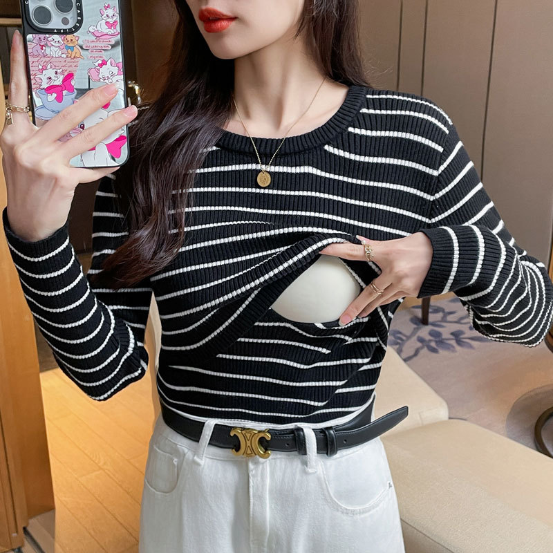 2024秋冬加厚保暖哺乳毛衣产后月子条纹显瘦喂奶针织孕妇打底衣