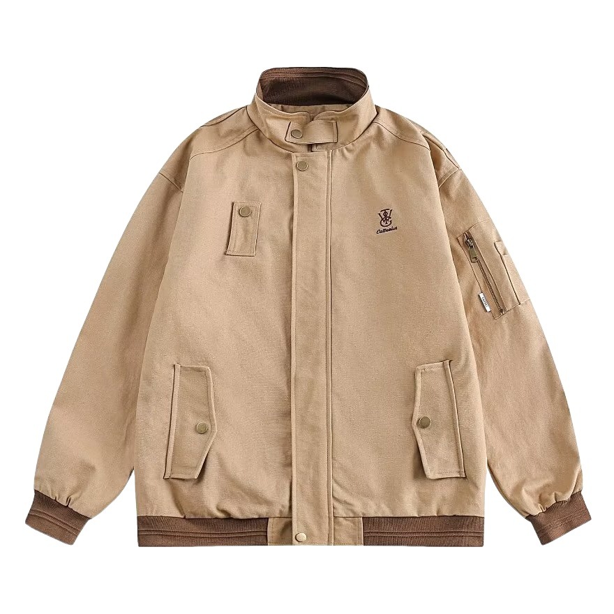 Estilo japonés retro bordado Diseño ropa de trabajo chaqueta de los hombres y las mujeres de Primavera y Otoño Nueva solapa suelta de color a juego Chaqueta de traje de vuelo