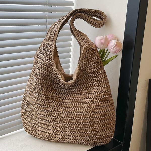 Fashionable and Popular Beach Shoulder Bag Woven Hand-Held Tote Bag Straw Basket Silk Scarf Bow Women's Bag Bags