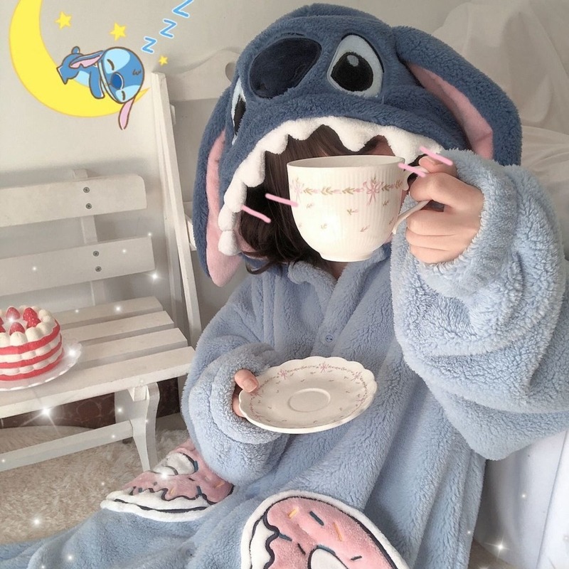 Stitch Cartoon Couple Pajamas Women's Winter Coral Fleece Long Nightgown Set Home Clothes Men's Fleece-Lined Thickened