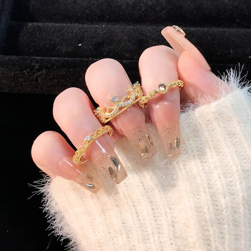 ins潮金色貓眼圓珠開口戒指輕奢氣質小眾設計皇冠蕾絲高級感指環