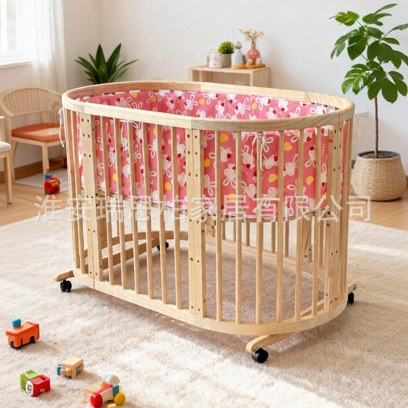 Factory In-Stock Multifunctional Solid Wood Baby Crib Round Bed, Movable Newborn Baby Splicing Bed, Cross-Border Trade