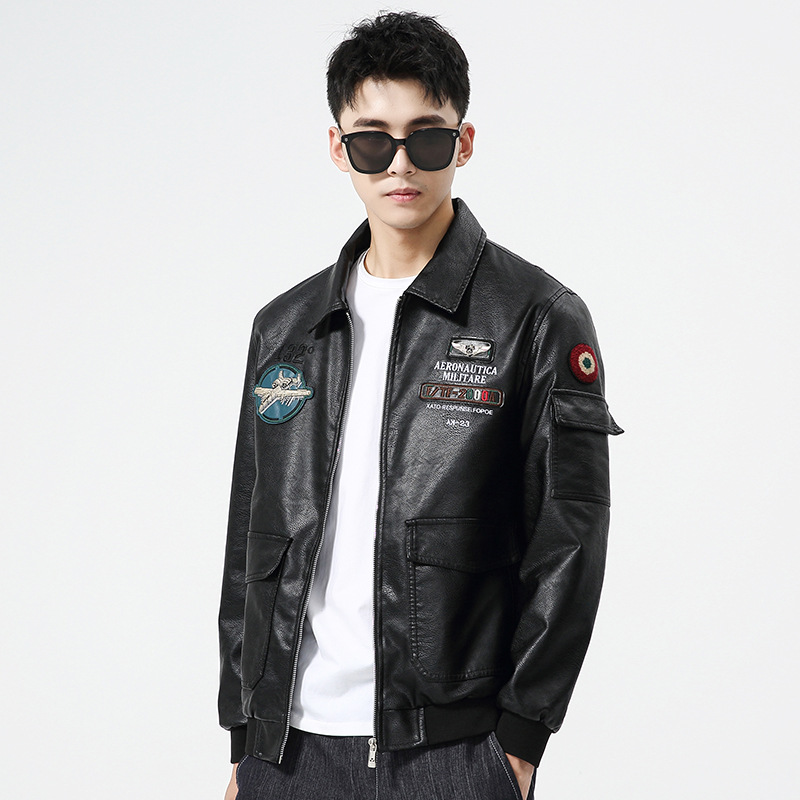 Chaqueta de cuero de moda guapo primavera y otoño chaqueta de cuero de moda callejera coreana delgada chaqueta de locomotora retro